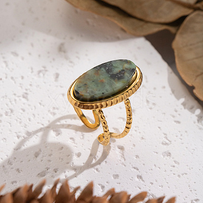 304 Stainless Steel with Natural Gemstone Cuff Open Rings for Women LS-FS3382-1