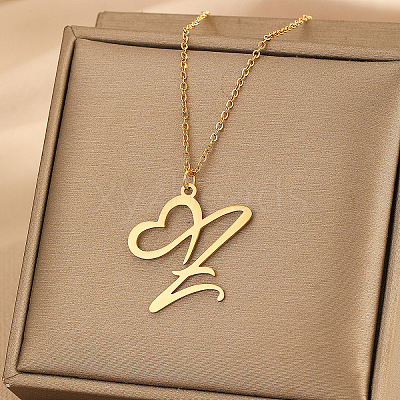 304 Stainless Steel Heart Initial Pendant Necklaces for Women Men FS-WG51A4F-20-1