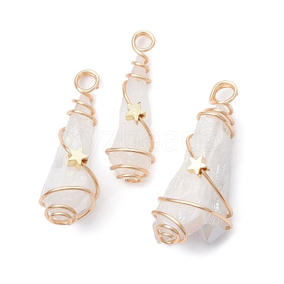 Electroplated Natural Quartz Crystal Dyed Copper Wire Wrapped Pendants PALLOY-JF02326-01-1