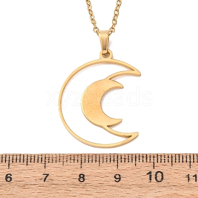 304 Stainless Steel Double Hollow Moon Pendant Cable Chain Necklaces for Men Women NJEW-K308-01E-G-1