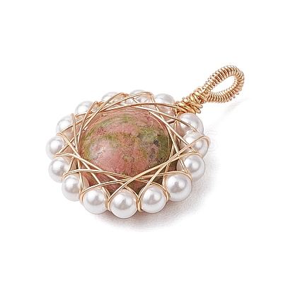 Copper Wire Wrapped Natural Black Agate/Green Aventurine/Rose Quartz/Unakite/Carnelian Pendants PALLOY-JF02891-1
