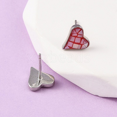 Brass Enamel Heart Stud Earrings EJEW-I322-08P-1