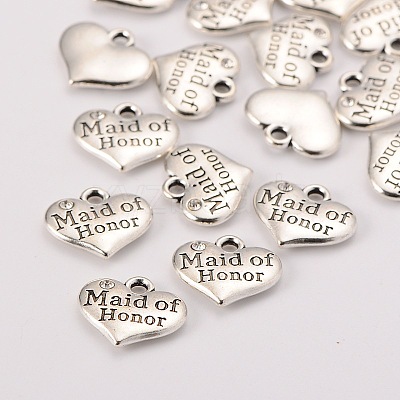 Wedding Theme Antique Silver Tone Tibetan Style Heart with Maid of Honor Rhinestone Charms LS-TIBEP-N005-05B-1