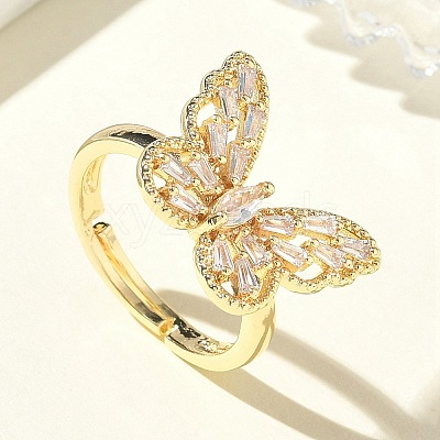 Adjustable Brass Butterfly Finger Rings with Clear Cubic Zirconia CU-CBA7E55-18G-01-1