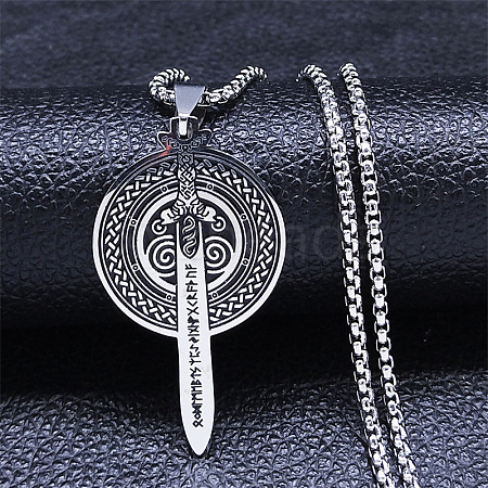 304 Stainless Steel Runes Shield Longsword Pendant Box Chain Necklaces for Women NJEW-S440-07AS-1