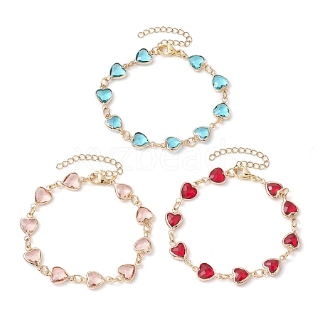 3Pcs 3 Colors 304 Stainless Steel & Glass Heart Link Bracelet Sets BJEW-JB10865-1