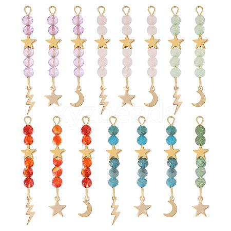 15Pcs 5 Colors Natural Carnelian & Green Aventurine & Rose Quartz & Amethyst & Apatite Faceted Round Beaded Pendants PALLOY-CA00041-1