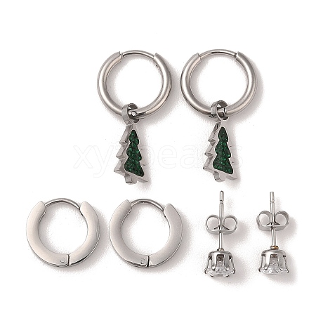 3 Pairs 3 Styles Christmas 304 Stainless Steel Hoop & Studs Earrings Set for Women EJEW-K279-11B-P-1