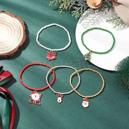 5Pcs Christmas Alloy Enamel Charm Bracelets BJEW-JB12409-1