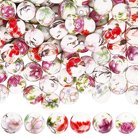 Handmade Flower Printed Porcelain Ceramic Beads PORC-LT0001-12B-1
