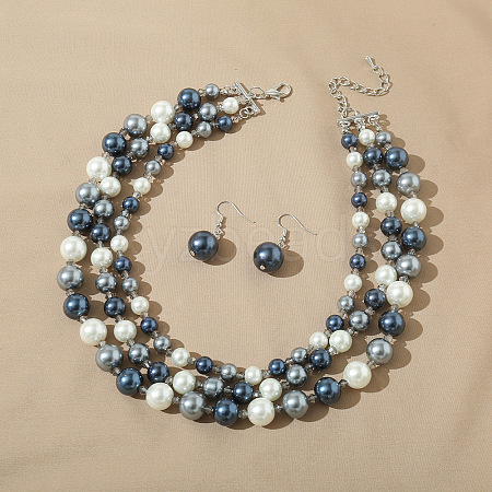 Resin Imitation Pearl Round Beaded Multilayer Necklaces & Dangle Earrings Sets WG4EAB6-03-1