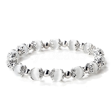 White Cat Eye Round Beaded Stretch Bracelets for Women JT2459-17-1