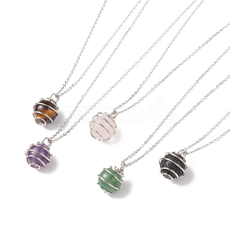 Natural Gemstone Cage Pendant Necklace with 304 Stainless Steel Cable Chains for Women NJEW-JN03905-01-1
