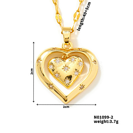 Brass Pave Cubic Zirconia Hollow Double Heart Pendant Necklace PL5801-2-1