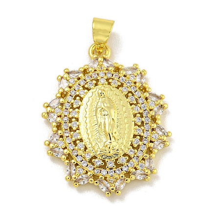 Virgin Mary Theme Rack Plating Brass Micro Pave Cubic Zirconia Pendants KK-C074-23G-02-1