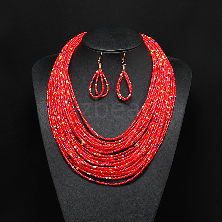 Bohemian Style Glass Seed Beaded Multilayer Necklaces & Teardrop Dangle Earrings Sets WGC1230-01-1