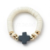 Polymer Clay Heishi & Synthetic Hematite & Synthetic Coral Cross Beaded Stretch Finger Ring for Women RJEW-JR00526-4