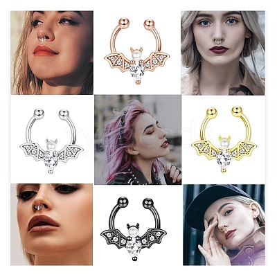 316L Stainless Steel Clear Cubic Zirconia Halloween Bat Clip-on Nose Septum Rings WG4B0C3-01-1