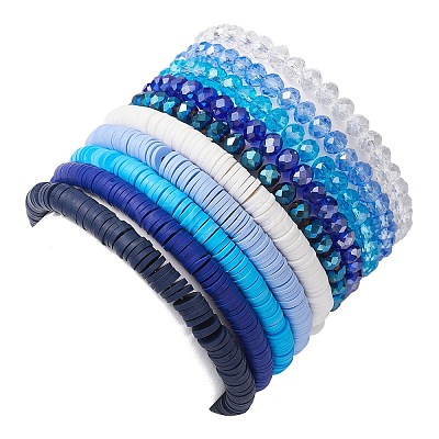 10Pcs Polymer Clay Disc & Glass & Brass Beaded Stretch Bracelets Set BJEW-JB09676-01-1