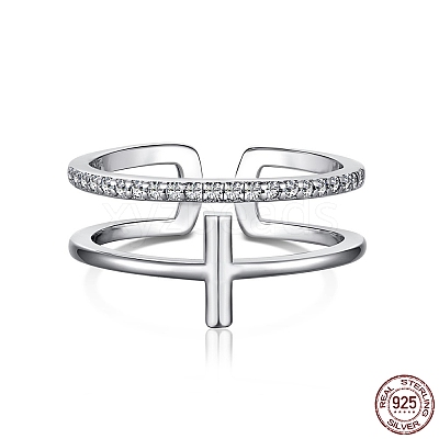 Rhodium Plated 925 Sterling Silver Cross Open Cuff Rings with Cubic Zirconia RJEW-F150-51P-1