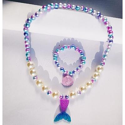 Plastic Shell & Mermaid Tail Shape Pendant Necklace and Stretch Bracelet SJEW-TAC0002-04-1