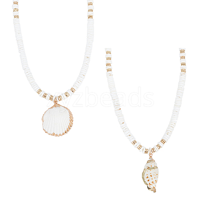 2Pcs 2 Style Natural Shell Pendant Necklaces Set with Disc Beaded Chains for Women NJEW-AN0001-75-1