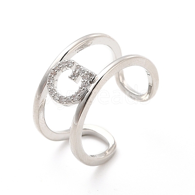 Clear Cubic Zirconia Initial Letter Open Cuff Ring RJEW-A012-01P-G-1
