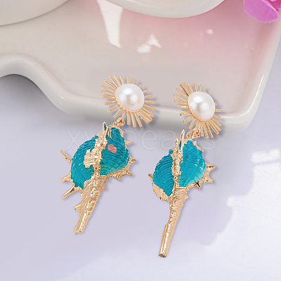 3 Pairs 3 Colors Golden Alloy Sun with Shell Shape Dangle Stud Earrings EJEW-AN0004-40-1