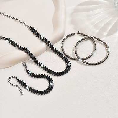 Alloy with Jet Rhinestone Chain Necklace & Hoop Earring & Bracelet FS-WG9D127-03-1