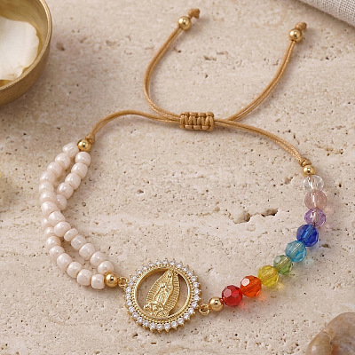 Brass Religion Virgin Link Colorful Glass and Seed Bead Adjustable Braided Bracelets for Women UM5876-1