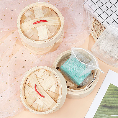 Round Bamboo Steamer Self-Draining Soap Box AJEW-GA0005-86-1