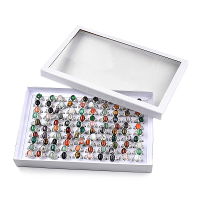 Natural Mixed Gemstone Oval Finger Rings RJEW-N044-03-1