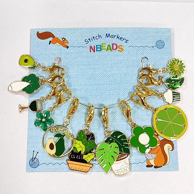 12Pcs 6 Style Green Color Theme Alloy Enamel Pendant Locking Stitch Markers HJEW-AB00141-1