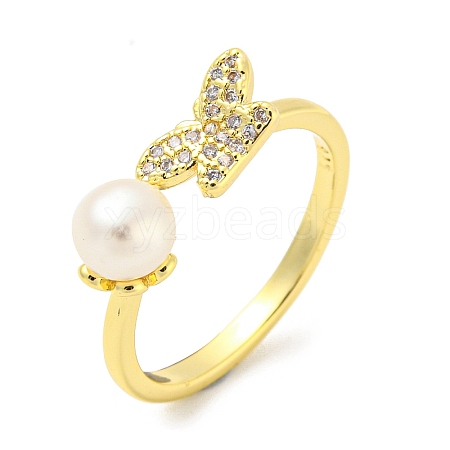 Natural Pearl Butterfly Open Cuff Ring RJEW-H220-28G-1