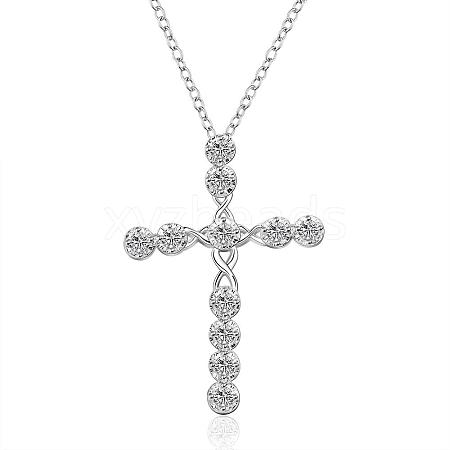 Silver Color Plated Brass Cubic Zirconia Cross Pendant Necklaces NJEW-BB08796-1