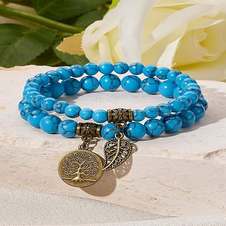 2Pcs Synthetic Turquoise Round Beads Stretch Bracelets FS-WG435B7-08-1