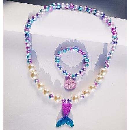 Plastic Shell & Mermaid Tail Shape Pendant Necklace and Stretch Bracelet SJEW-TAC0002-04-1