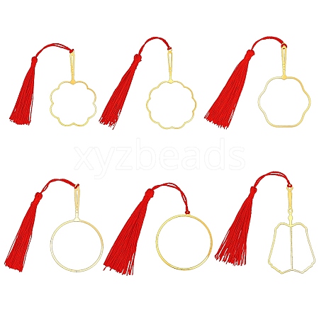   6Pcs 6 Style Chinese Ancient Hand Fan Shape Brass Wire Wrap Metal Bookmark with Tassel for Book Lover AJEW-PH0003-35-1