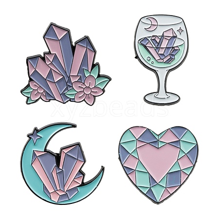 4Pcs 4 Style Heart & Flower & Moon & Wine Glass Enamel Pin JEWB-FS0001-04-1