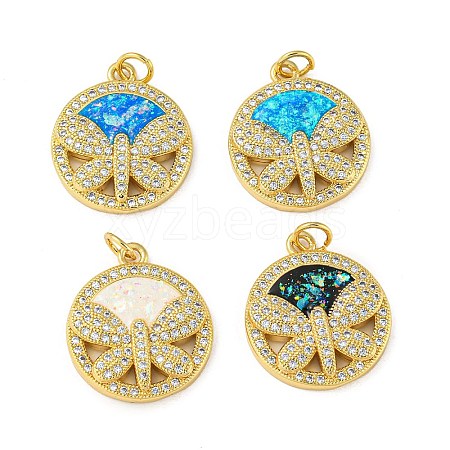 Flat Round with Dragonfly Brass Pendants Micro Pave Cubic Zirconia with Synthetic Opal KK-K356-06G-1