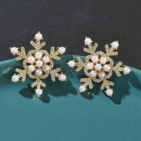 Snowflake Brass Micro Pave Cubic Zirconia Stud Earrings EJEW-G452-03G-1