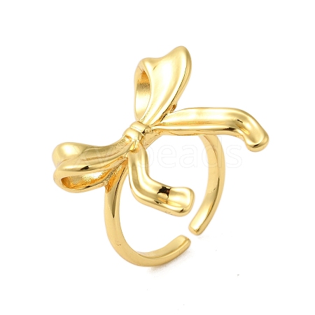 Bowknot Brass Open Cuff Finger Rings for Women RJEW-A048-30G-1