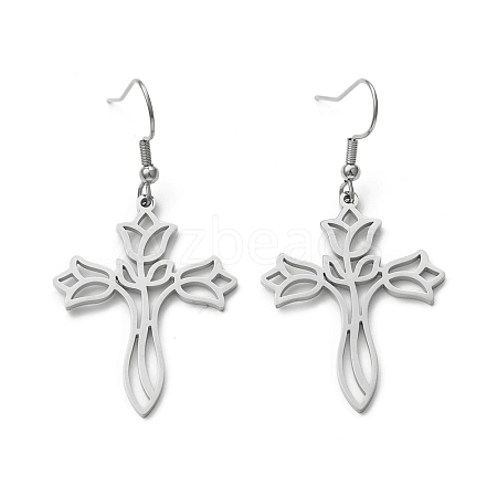 304 Stainless Steel Hollow Out Cross with Flower Dangle Earrings for Women EJEW-P222-02P-1