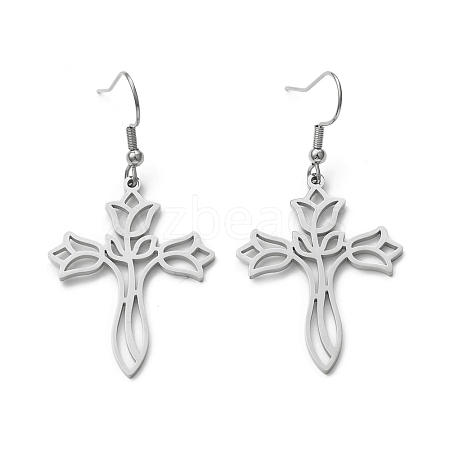 Tarnish Resistant 304 Stainless Steel Hollow Out Cross with Flower Dangle Earrings for Women EJEW-P222-02P-1