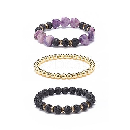 3Pcs 3 Style Heart Natural Purple Mica Stone & Lava Rock & Synthetic Hematite Beaded Stretch Bracelets Set BJEW-JB08736-1