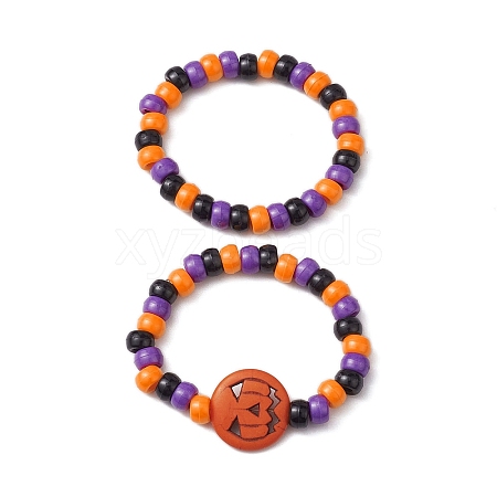 2Pcs 2 Styles Pumpkin Plastic Beaded Stretch Bracelet Sets BJEW-JB10888-1