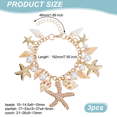 3Pcs Natural Conch Shell & Alloy Starfish & CCB Plastic Pearl Charm Bracelet BJEW-PH0004-35-1