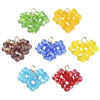 7Pcs 7 Colors Handmade Copper Wired Glass Beaded Heart Pendants PALLOY-CJ00101-1