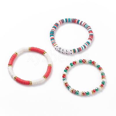 3Pcs 3 Style Polymer Clay Heishi Surfer Stretch Bracelets Set with Word Jolly Acrylic Beads BJEW-TA00129-1
