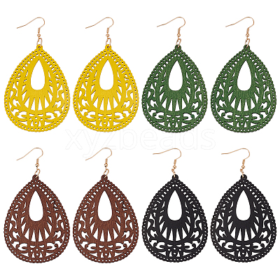 4 Pairs 4Colors Wood Dangle Earrings for Women EJEW-AN0003-93-1